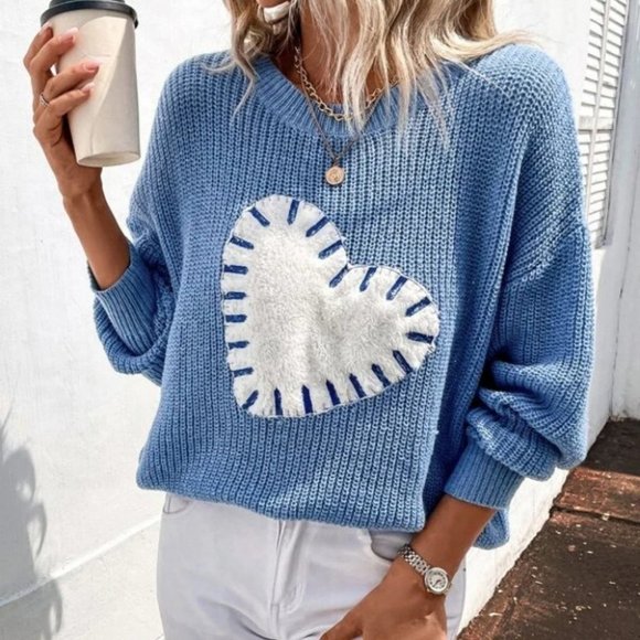 MODA ME COUTURE Sweaters - Blue Heart Print Long sleeve Knit Sweater Top